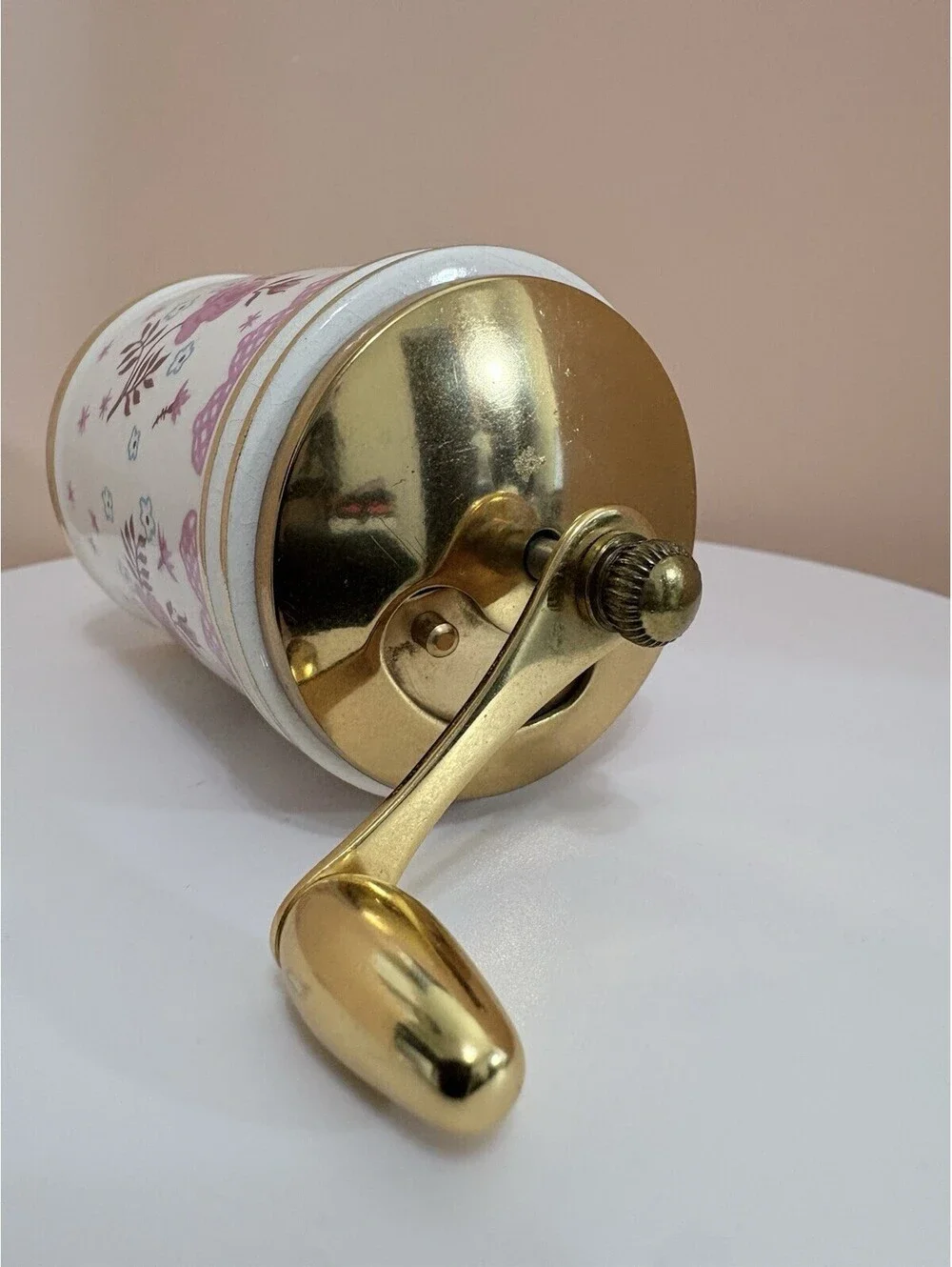 Vintage George S Thompson Ceramic Pepper Grinder Mill Pink Floral Gold Trim